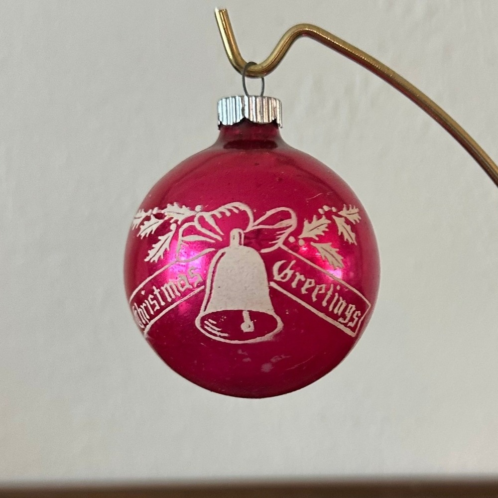 Vintage 2'' Shiny Brite Christmas Ornament Pink Glass Round Christmas Greetings